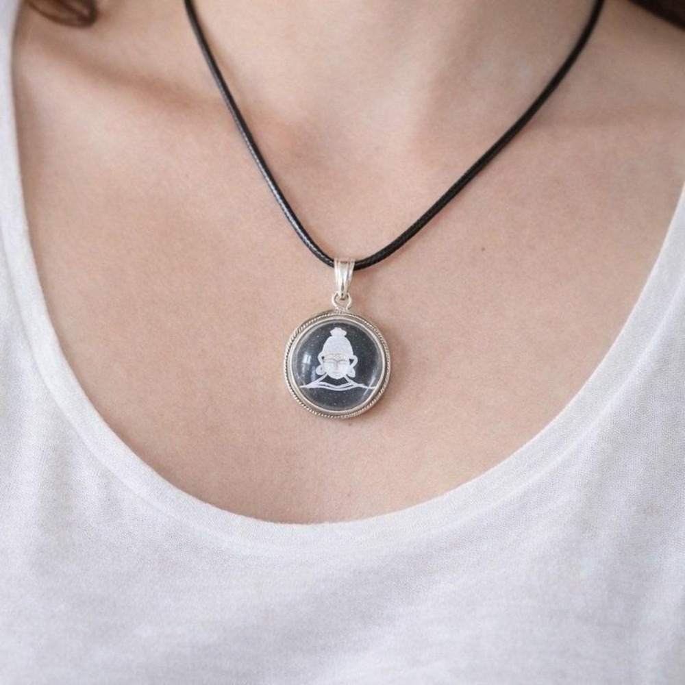 Vintage Sterling Silver Buddha Glass Pendant Necklace